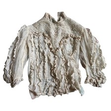 Antique Edwardian White Net Lace Blouse Silk Lined Crochet High Neck AS IS
