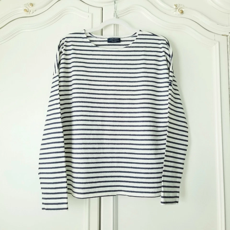 Saint James X Jenni Kayne Rue Drop Shoulder Blue Striped Linen Tee Womens US M - Image 3 of 4