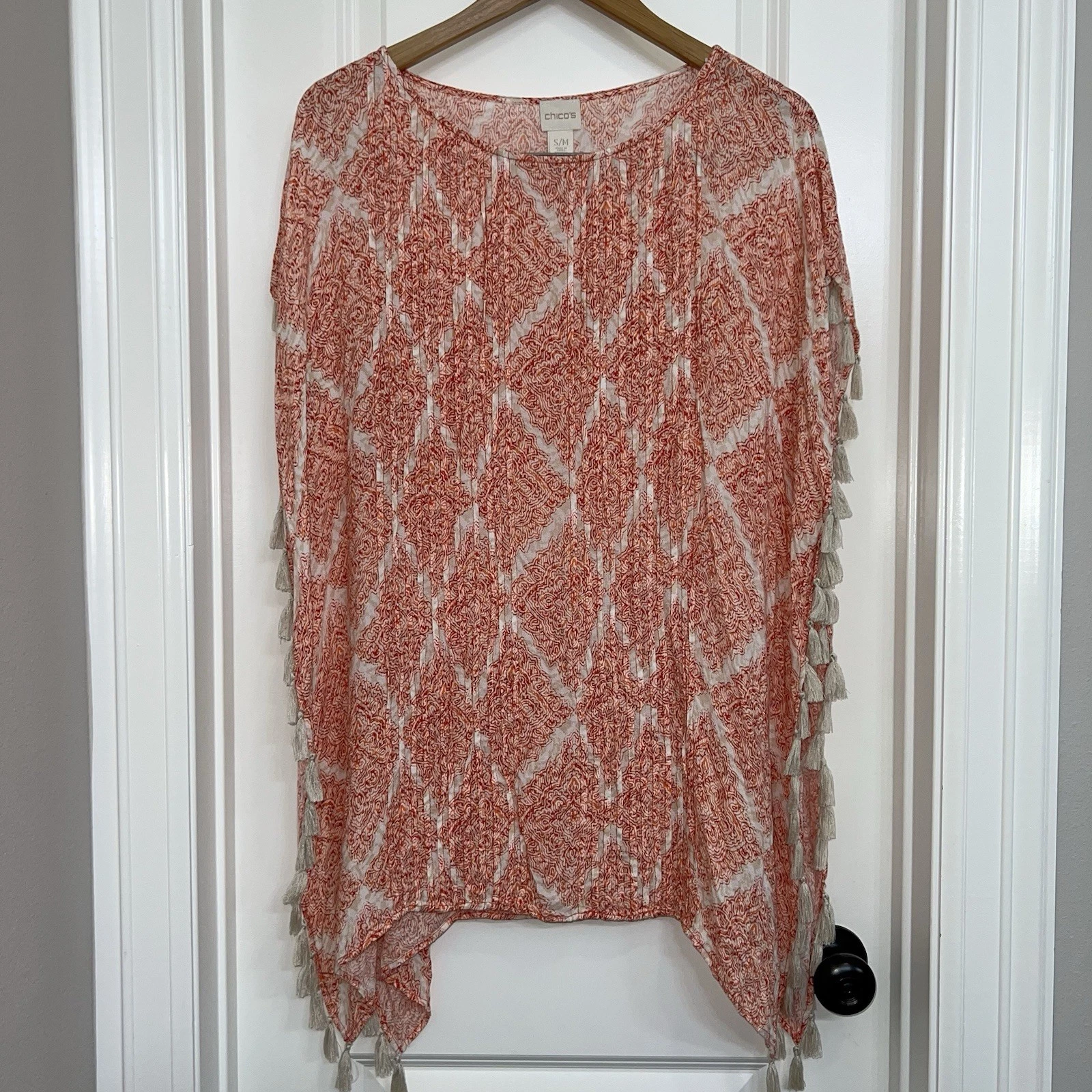 Chicos Poncho Cover Up Tunic Top Size S/M Orange Boho Artsy Side Tassels