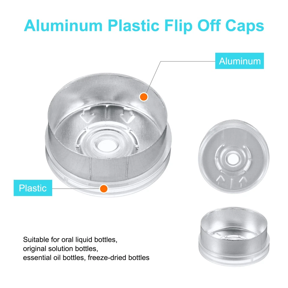 20mm Flip Off Caps 200PCS Burr-Free Flip Off Top Caps, Clear/Matte Silver Foto 3 de 4