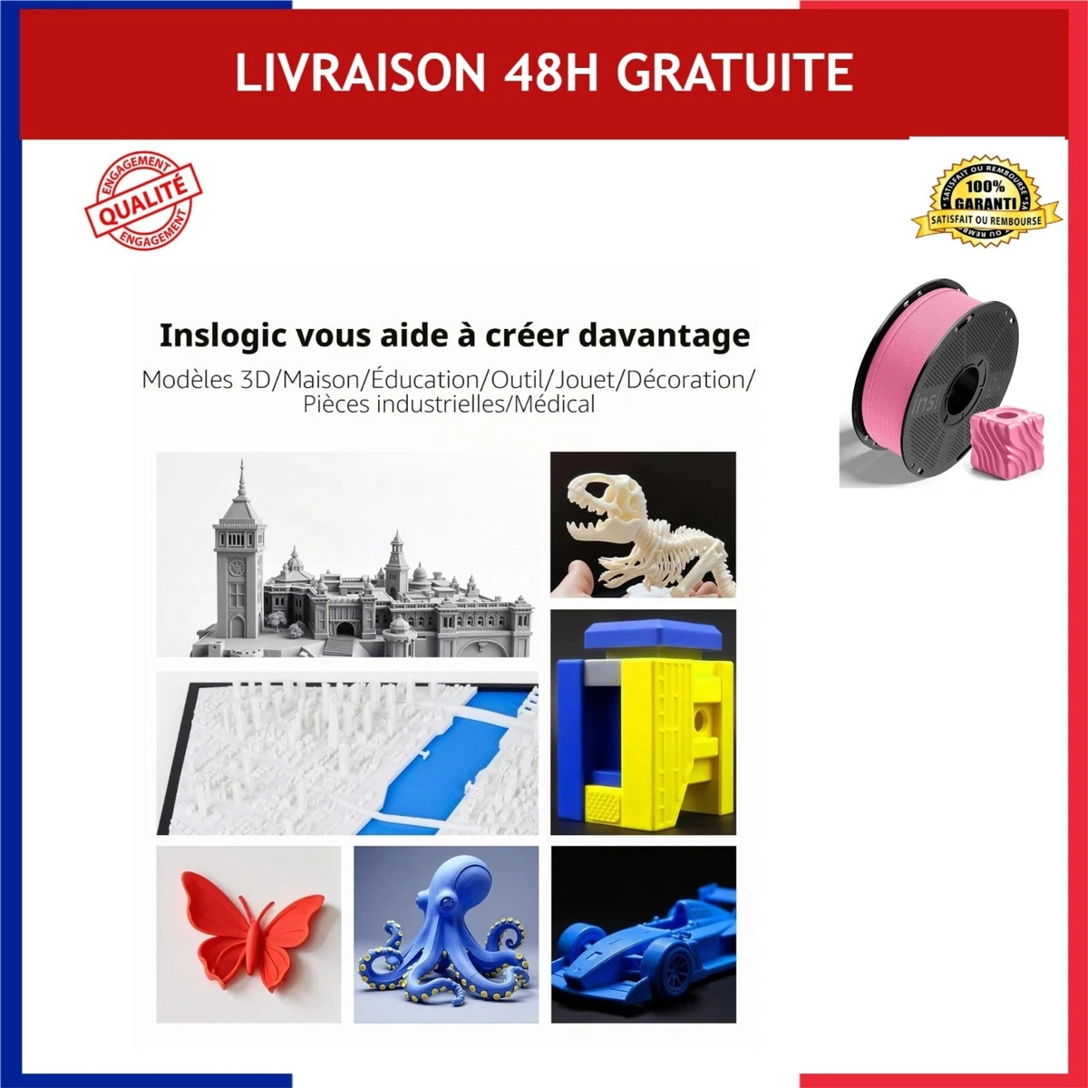 Filament PLA mat noir 1,75 mm 1 kg Inslogic imprimante 3D