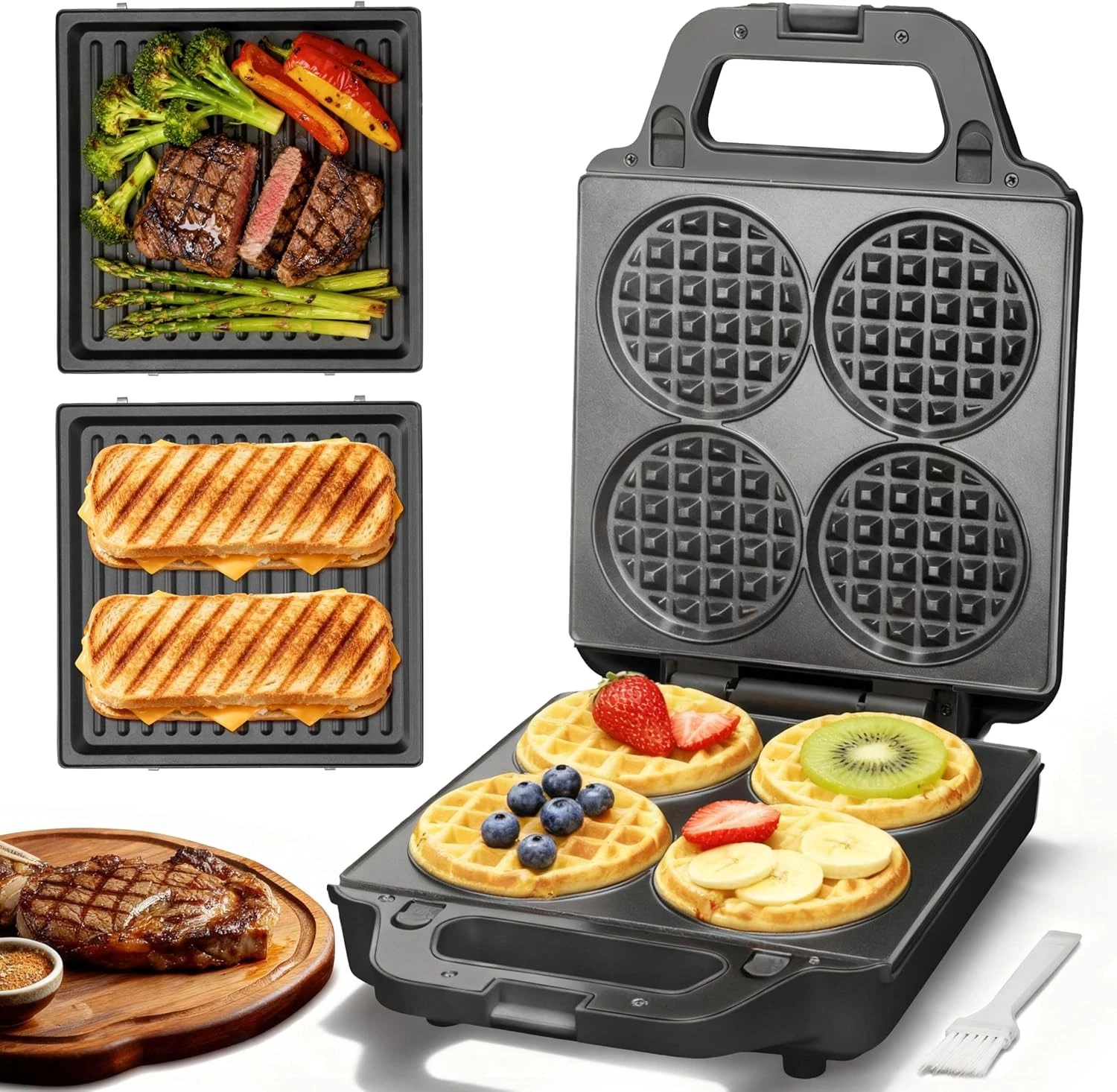2 in 1 Mini Waffle Maker W/ Removable Plates Panini Press Sandwich Maker