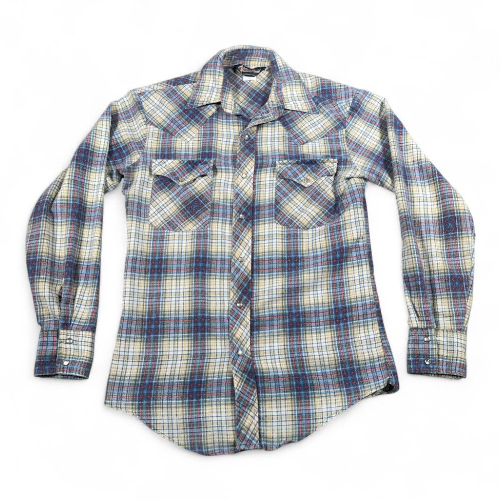 Vintage Dude Western Shirt Adult SMALL Blue Yukon Plaid Flan