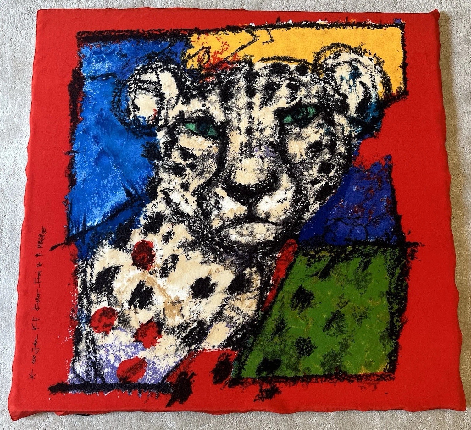 100 Jahre KF Keller Frei Silk Square Scarf Leopard Switzerland Hand Rolled Art