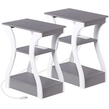 2PCS End Tables Accent Sofa Tables w/Curved Legs & Charging Station Grey+White 