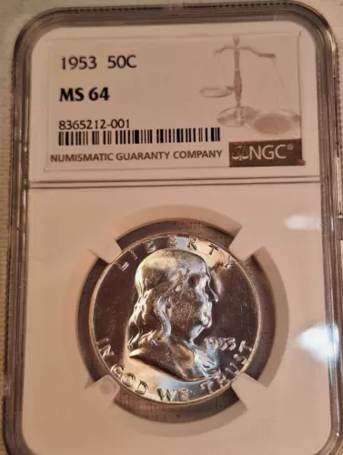 1953 Silver Franklin Half Dollar NGC MS64 212-001, Bright White, As Shown