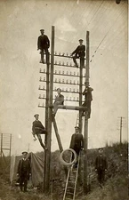 Men on Telegraph Line Pole, Insulator RPPC Photo Postcard COPY