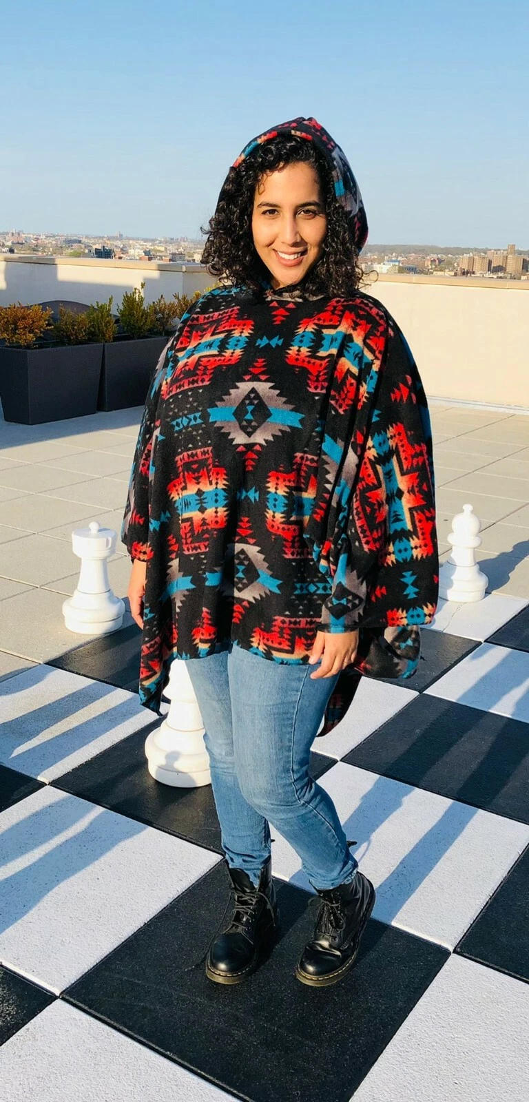 ZooFleece Black Red Southwestern Aztec Tribal Indian Hooded Women’s Cape
