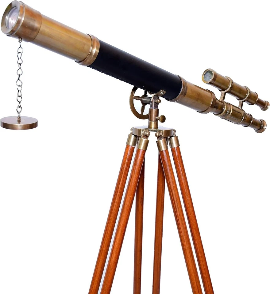 Double Barrel Floor Standing Antique Telescope with Wooden Tripod Stand Vintage - Image 3 of 4