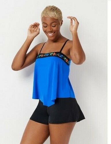 Fit 4 U Cobalt Blue Embroidered Bandeau Tankini & Short Swimsuit 6 New - Picture 2 of 6