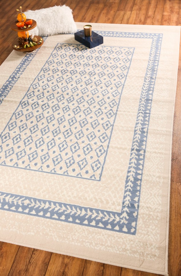 Bordered Transitional Runner - Light Blue, Geometric Pattern Area Rug ...