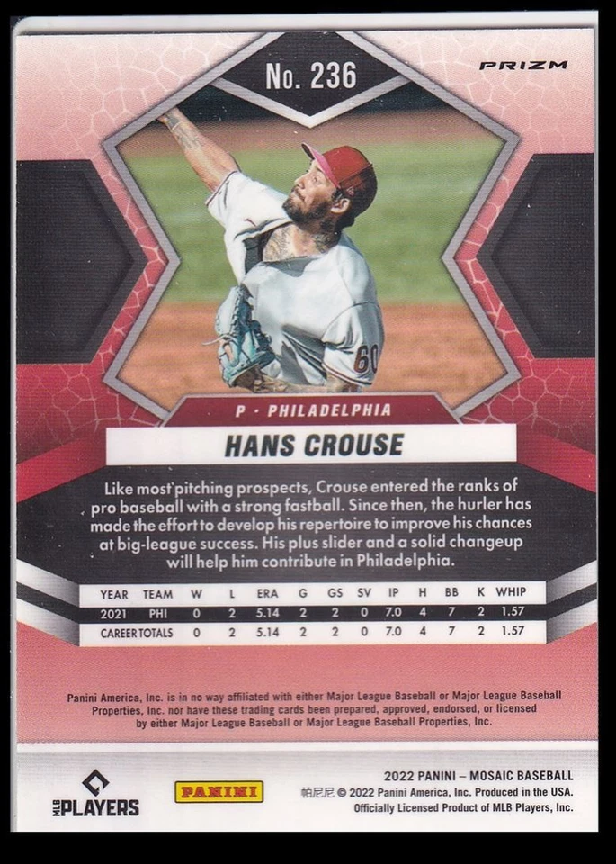 2022 Panini Mosaic Hans Crouse Rookie Philadelphia Phillies #236 Silver Mosaic - Image 2 of 2