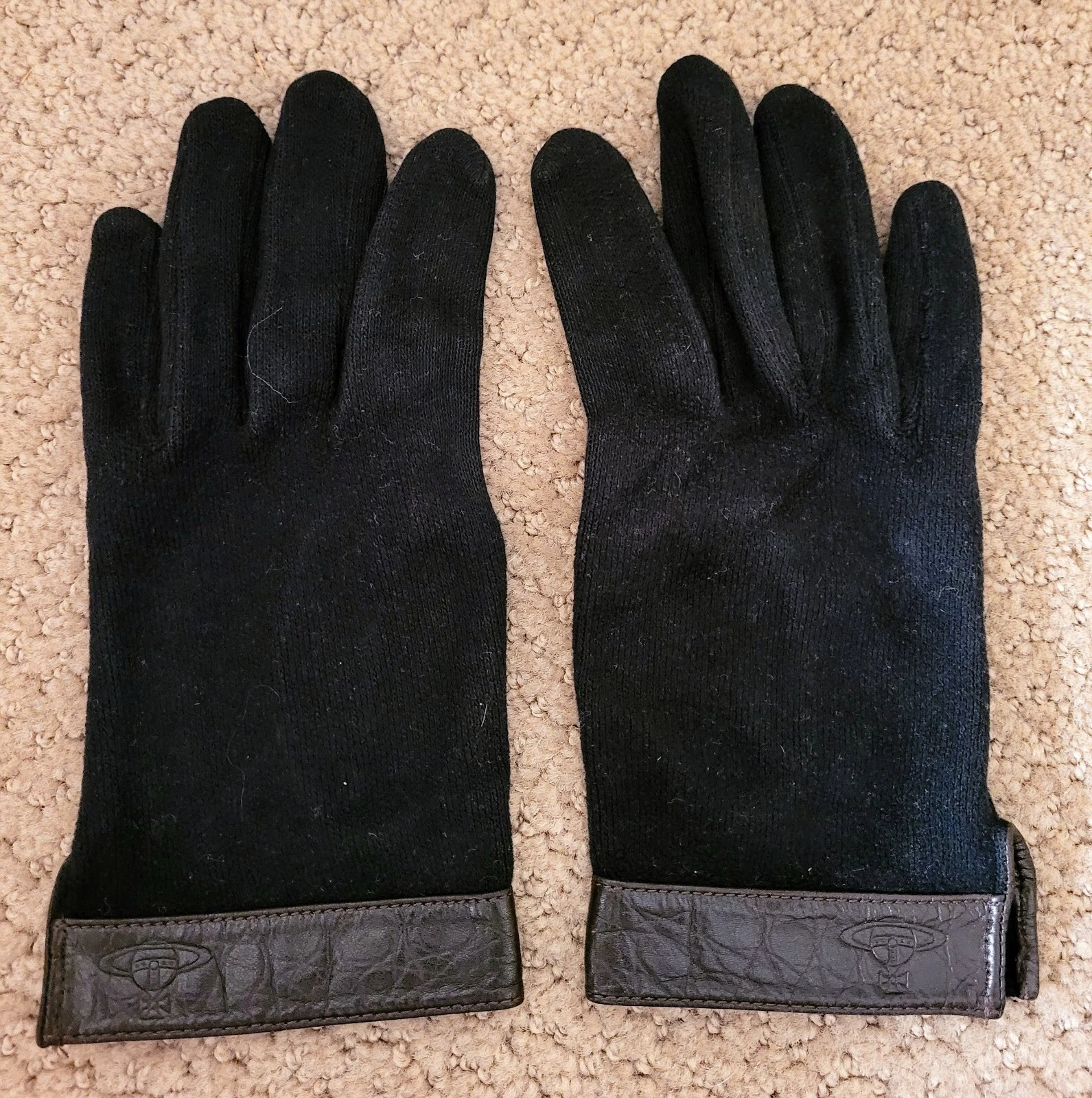 AUTH VIVIENNE WESTWOOD KNIT & LEATHER GLOVES PREOWNED BLACK SML-MED