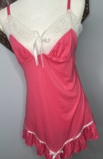 Vtg Pink Polka Dot Nightie Chemise Nightgown Large Lace Soft Babydoll Ruffle Top