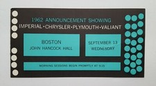 1962 Chrysler Plymouth Ticket Stub Boston Hancock Hall Car Show Imperial Valiant