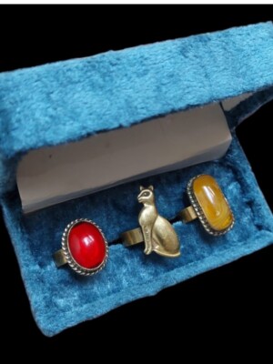 SCHMUCK 3 GELBE RING + KUPFERFUCHS + ROTE BC ÄGYPTISCHE EDELSTEINE ALT PHARAONISCH