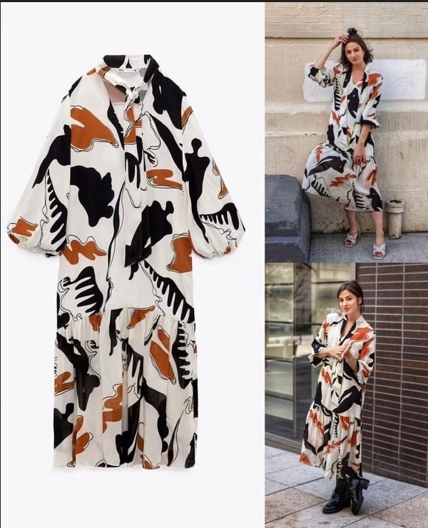 OFF WHITE Abito Zara Off bianco marrone cravatta nera collo manica lunga midi smock taglia M L 12 14