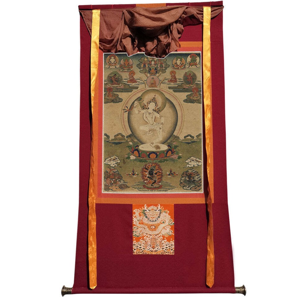 Mudra Crafts Extra Large Green Tara Tibetan Thangka Buddha Wall Art - Handmade XXL Green Tara Thangka Buddhist Tibetan Painting Yoga Zen Mediation Altar Wall Hanging Décor