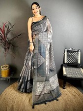 Women's Handcrafted Grey Linen Ajrakh Print Saree with Unstitched Blouse Piece