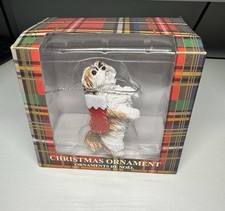 Sandicast Gold and White Shih Tzu Holding Stocking Christmas Ornament - In Box