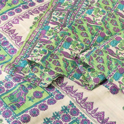 Sanskriti Vintage Sarees 100%Pure Silk Green Human Printed Sari 5Yd Craft Fabric