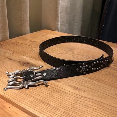RRL Double RL Vintage Studded Leather Belt with Ornate Silver Buckle Size 30-34