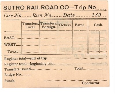 Original 1890er Ticket der Sutro Railroad San Francisco CA