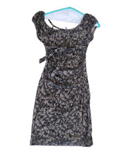BETSY JOHNSON EVENING Black Lace over Nude w/ Bow Evening DRESS Sz 8 Cap Sleeve