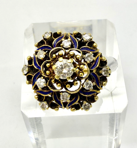 Antique Natural Diamond & Blue Enamel 14k Yellow Gold Ring w/ Card Appraisal 5