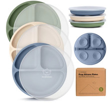 KeaBabies Silicone Suction Toddler Plates Divided 3-Pack Slate BPA-Free