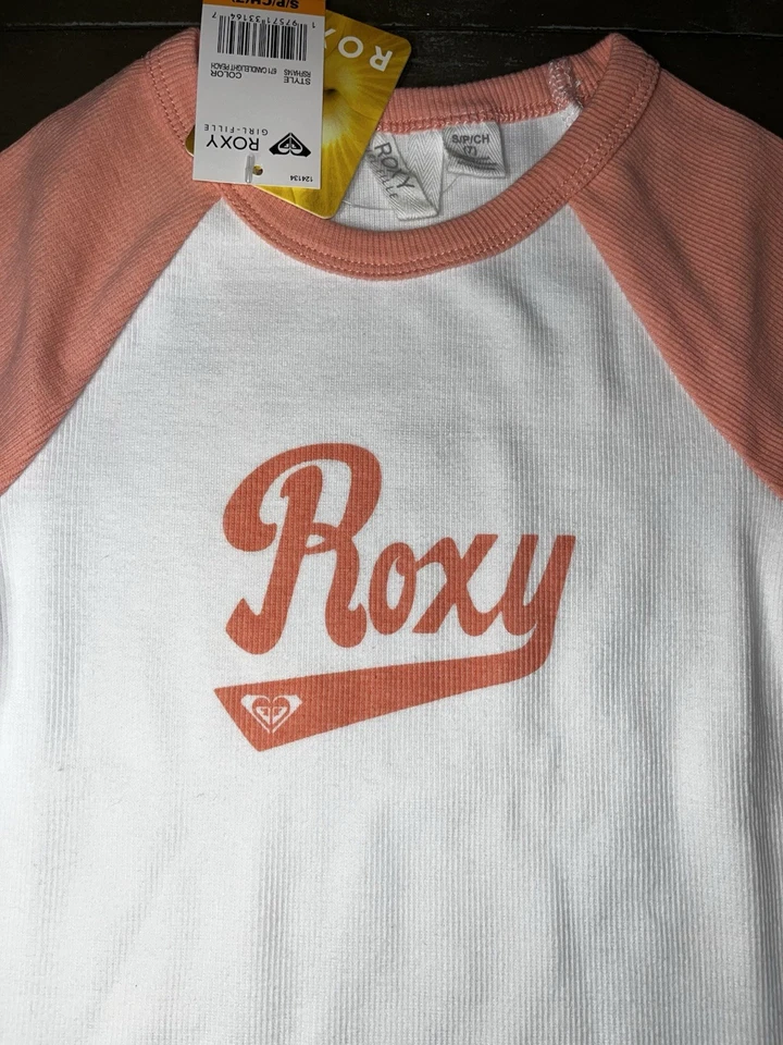 Roxy Girls Fit Baseball Tee White Peach NWT 7 ￼ - Image 2 of 4
