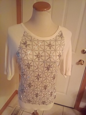 Milly Embellished front Sweater Size L white/Ivory Super Soft Short Sleeves
