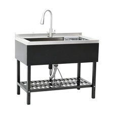 40in Commercial Stainless Steel Kitchen Utility Sink w/ Black Shelf  Faucet