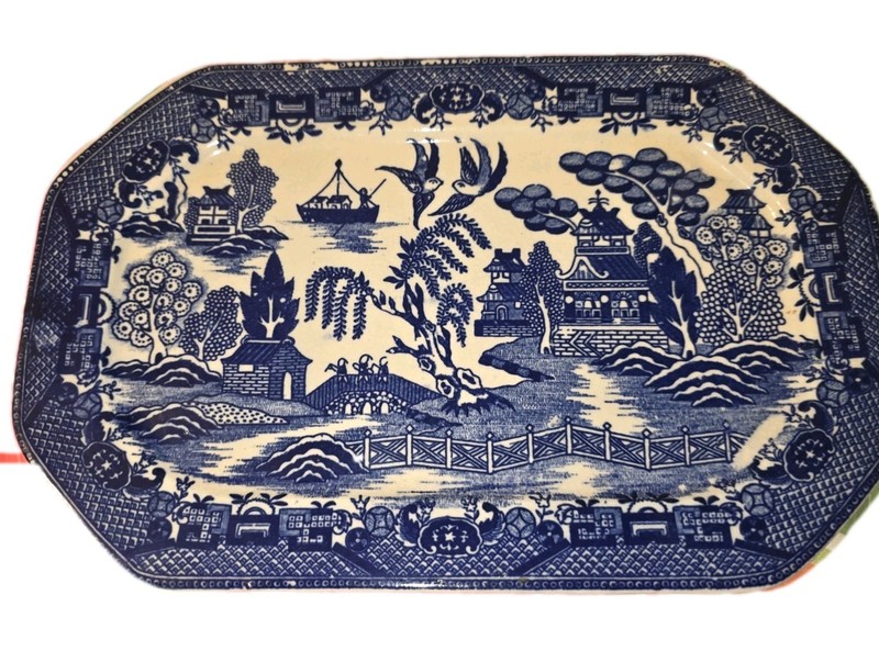 Vintage Cobalt Blue Willow Serving Platter Japan White Chinoiserie Tray Oriental