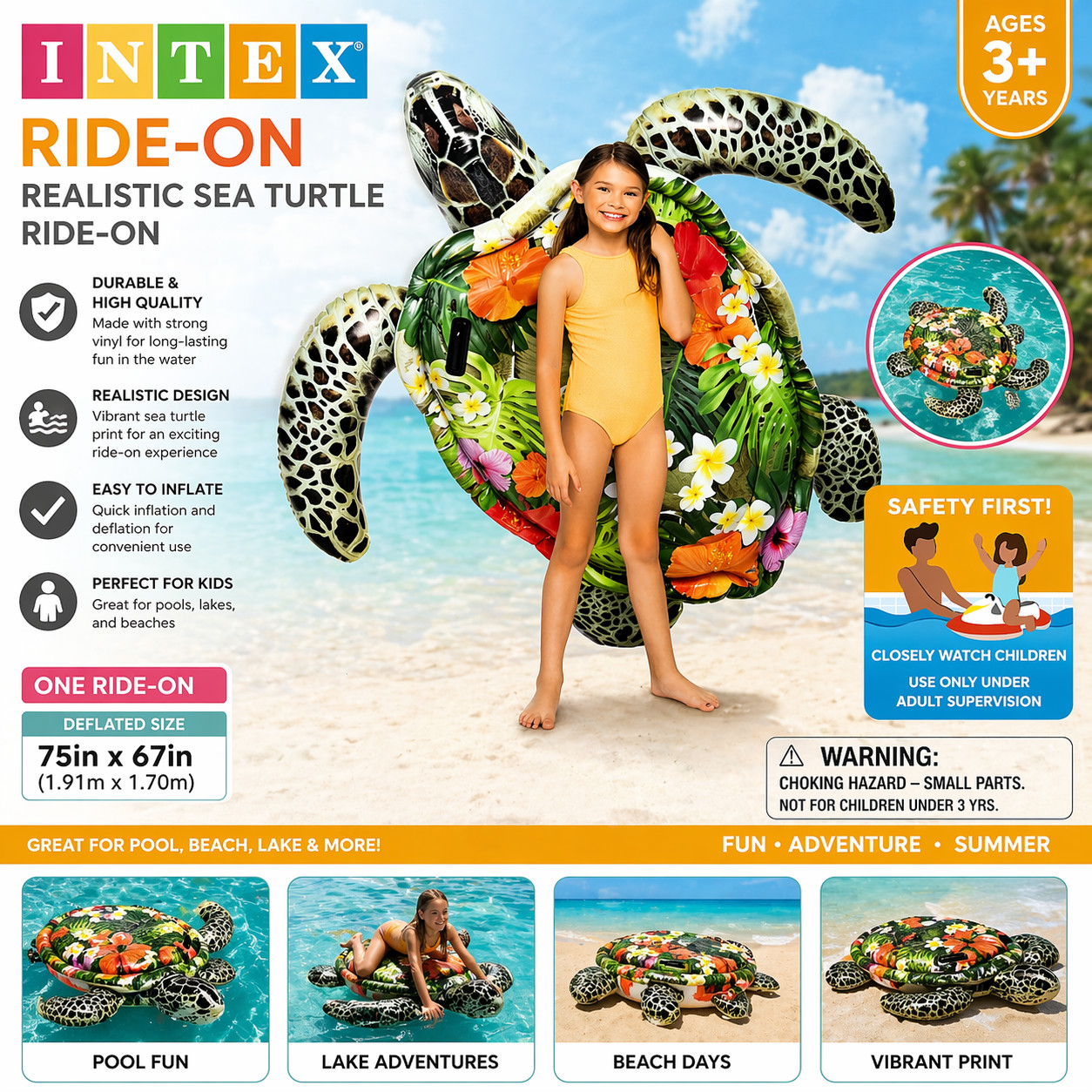 INTEX Realistic Sea Turtle Ride-On Inflatable Pool Float Kid