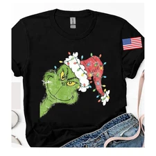 Retro Christmas Grinch Funny T-Shirt,2025 Christmas Shirt flag printed on sleeve