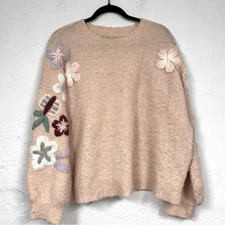 Boundless North Pink Fuzzy Floral Embroidered Crew Neck Sweater Womens L Grandma
