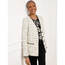 Talbots Tipped Tweed Blazer White Black Contrast Trim Button Office Jacket Sz 6