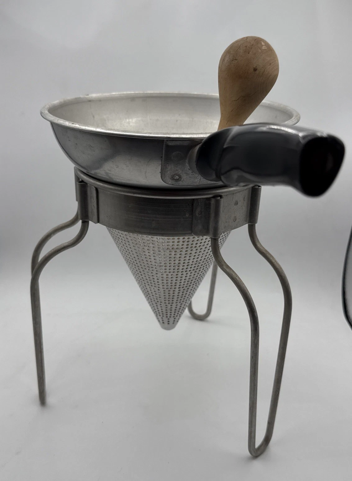 Vintage Wear Ever Aluminum Cone Strainer Sieve Colander Stand + Wooden Pestle