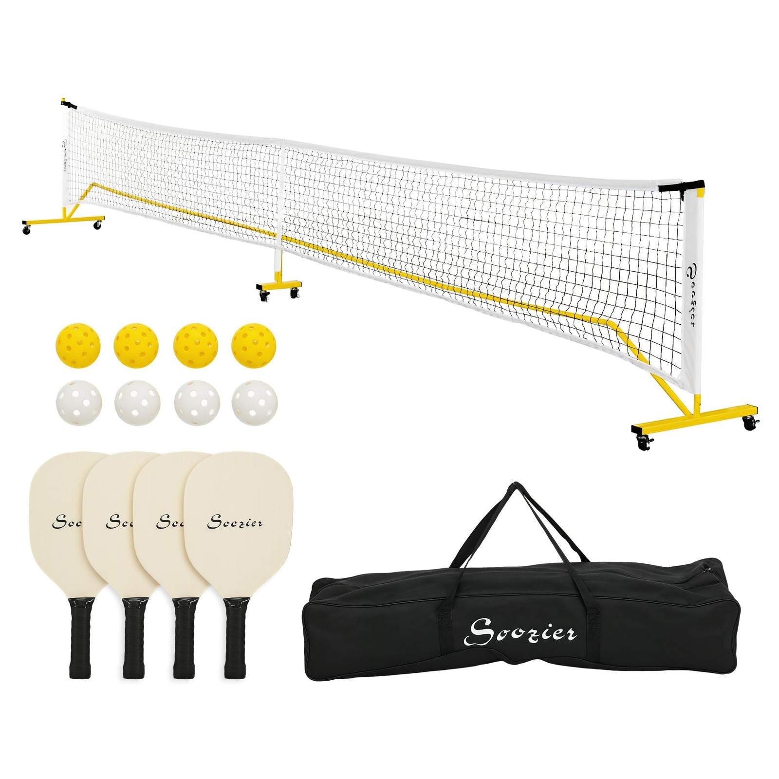 Soozier Pickleball Set with Net,Court Markers  Wheels22 ft.8 Pickleballs,1 Bag