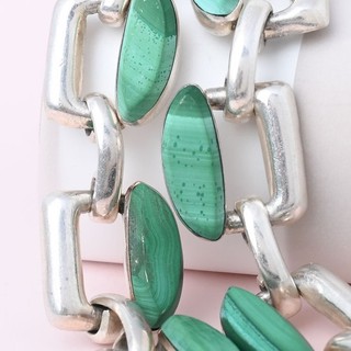 Vtg 1980s Taxco Mexican Malachite Sterling Silver Necklace Bracelet HEAVY Set