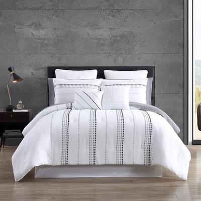 Hallmart Collectibles 12-Piece Comforter Set Embroidered Dots, White/Gray, King