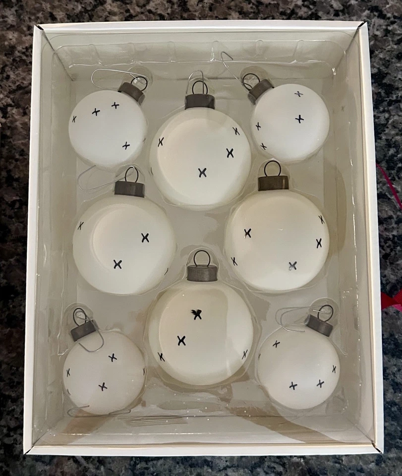 Hearth & Hand Magnolia Glass Christmas Ornaments (8) Off White Black X Stitch - Image 2 of 4