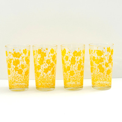 Lot 4 Libbey Orange Wildflower MCM 60s Juice Glass Tumblers 5'' Two Guys Sticker