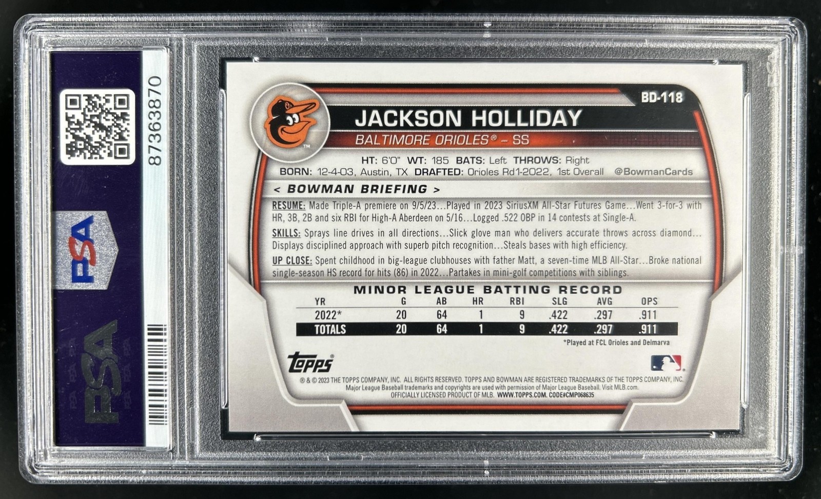 2023 Bowman Draft Jackson Holliday Gold #/50 Orioles PSA 9 view 2