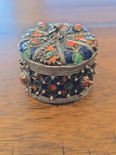 Antique Berber Kabyle Enameled Jewelry Trinket Box Vanity Dresser Pot