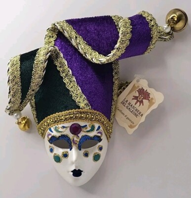 La Maschera Del Galeone Green Purple 6'' Mask Handmade in Venice, Orig. Tag Mint!