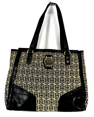 bolsa tommy hilfiger canvas tote bag travel Tommy Hilfiger Black Monogram Canvas Croc Embossed Trim Tote Bag Purse  Handbag
