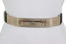 Women Black Elastic Narrow Fashion Thin Belt Gold Metal Bow Tie Buckle Size S M