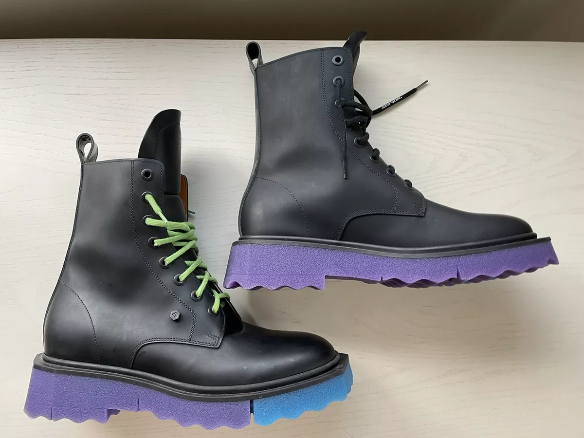 Mens Off White Sponge Sole Leather Combat Boots Black 43 US 10.5 10